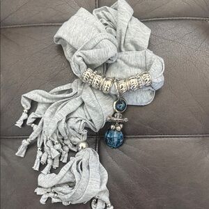 Gray Scarf Necklace with Blue Glass Pendant